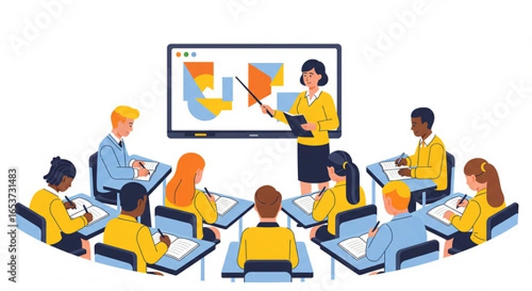 Fototapeta An illustration of a female teacher in a modern classroom, teaching students who are seated at individual desks