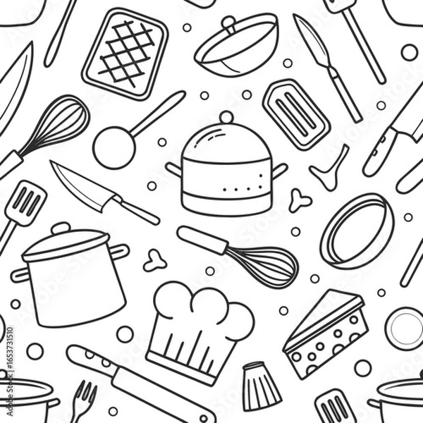 Obraz Vector art of seamless pattern of kitchen utensils and cooking equipment, including pots, pans, knives, whisks, and chef hats, perfect for culinary themes and foodrelated designs