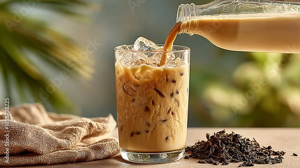Fototapeta Pouring iced milk tea into glass with ice cubes and tea leaves on rustic table.