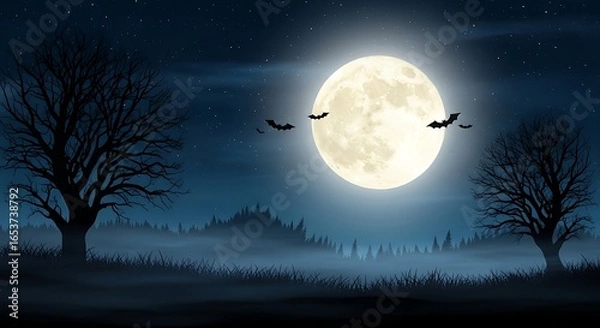 Fototapeta Eerie Night Scene with Full Moon Bats and Leafless Trees