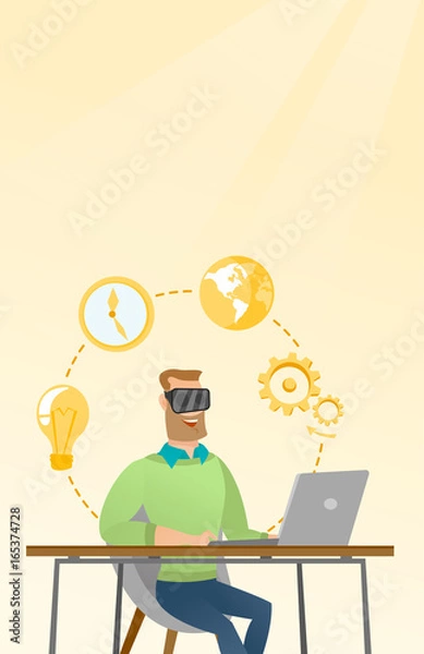 Fototapeta Businessman in vr headset working on a computer.
