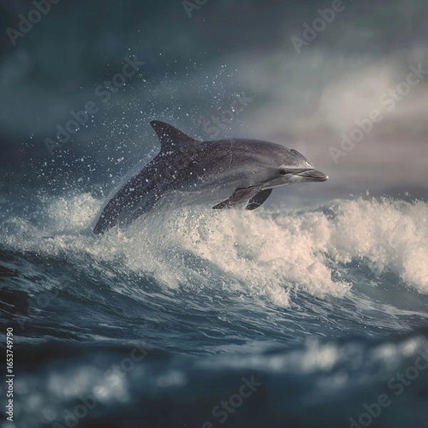 Fototapeta Majestic dolphin leaps powerfully from a stormy ocean wave, showcasing its grace and freedom.