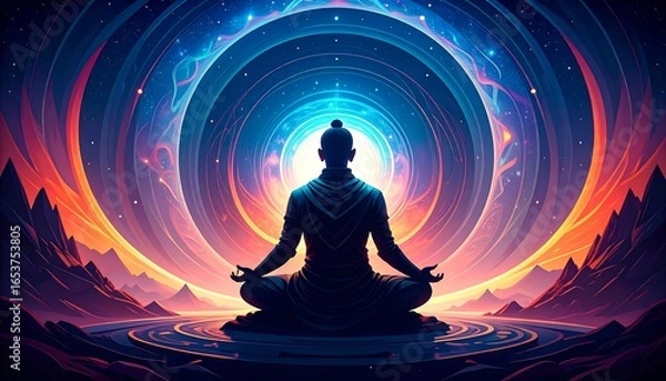 Fototapeta A meditating figure centered in a vibrant cosmic landscape