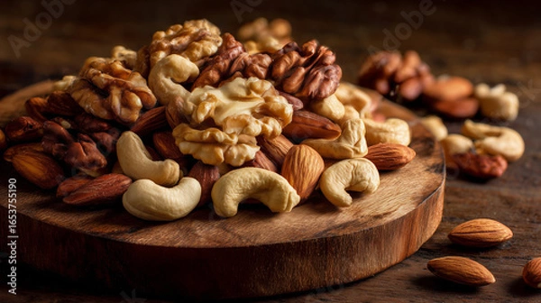 Fototapeta 木の台に盛られたアーモンド・カシューナッツ・くるみのミックスナッツ
