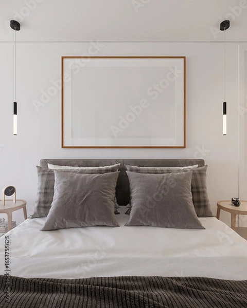 Fototapeta Mockup frame in a cozy bedroom interior with plush pillows and comfortable bedding on a luxury mattress, 3d render
