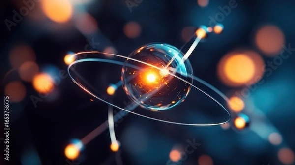 Fototapeta A detailed rendering of an atom with orbiting electrons and a glowing nucleus on a dark background