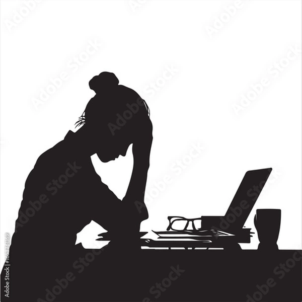 Fototapeta Silhouette of a Woman Worker Showing Burnout – Vector Illustration