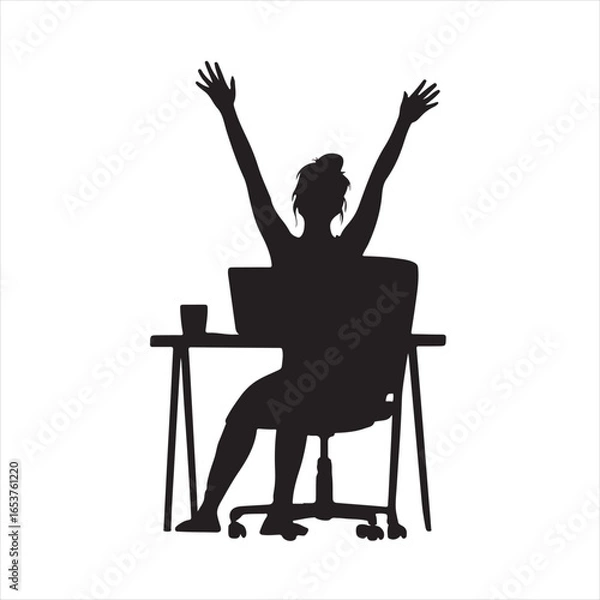 Fototapeta Black Silhouette of a Woman Stretching in Front of Her Workstation – Vector Illustration