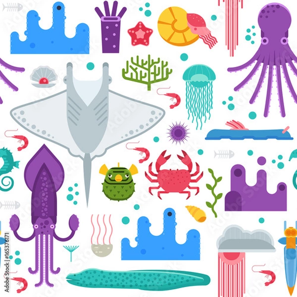 Fototapeta Sea life pattern with different marine animals. Underwater creatures vector seamless background with ocean aquatic inhabitants and exotic fishes in flat design. Manta ray, squid, crab, octopus, shell.