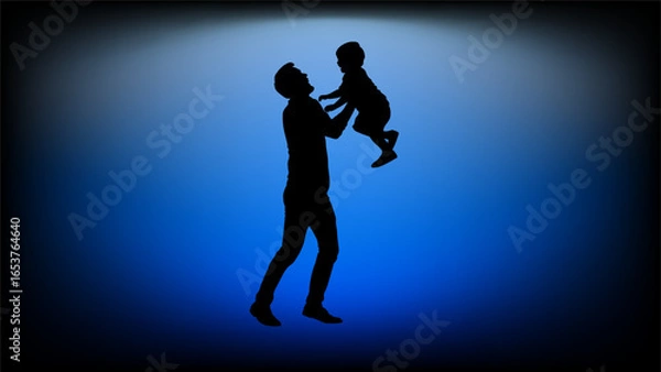 Fototapeta A touching silhouette of a father joyfully lifting his child against a dramatic blue spotlight background