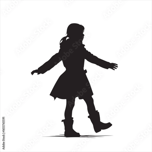 Obraz Young Girl Silhouette in Winter Jacket and Boots Standing with Arms Outstretched – Vector Illustration