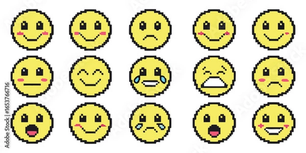 Fototapeta Large set of 8-bit pixel art emoji icons vector. Cute retro video game style smiley faces with various emotions for chat, stickers, and game UI assets.