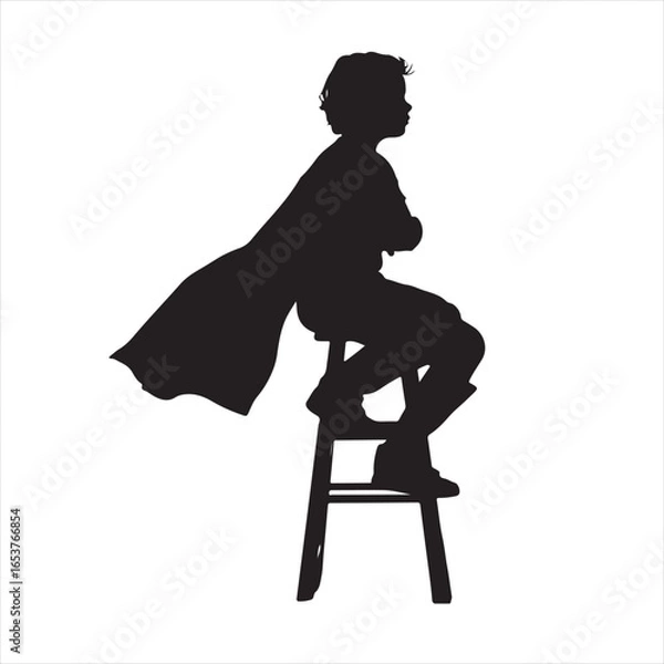 Fototapeta Child Superhero Silhouette on Chair with Cape in the Wind – Vector Illustration