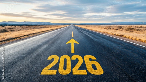 Fototapeta Road to 2026 with an empty road with written 2026 and arrow pointing towards the horizon to represent the future and positivity and success of the new year 2026