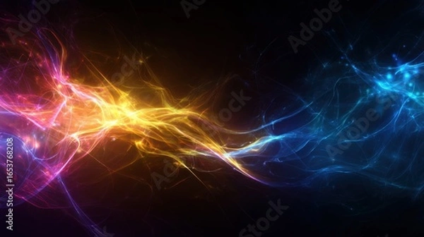 Fototapeta Colorful waves of light swirl together in a unique mixture, showcasing vibrant shades of orange, blue, and yellow. The artwork emanates energy, captivating viewers in a digital space.