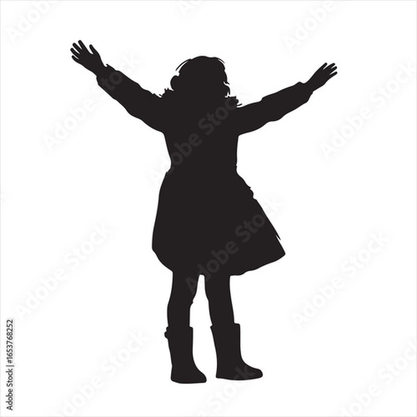 Fototapeta Silhouette of a Young Girl in Puffy Jacket with Outstretched Hands – Vector Illustration