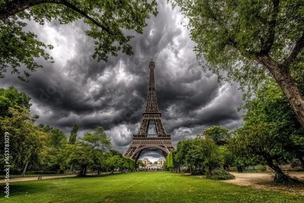 Fototapeta Eiffel Tower framed by trees under dramatic sky