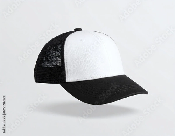 Fototapeta A black and white trucker hat with a mesh back and solid front, floating against a light grey background.