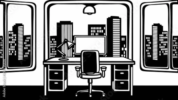 Obraz Illustration of an office interior with desk chair computer and city view through three windows silhouette