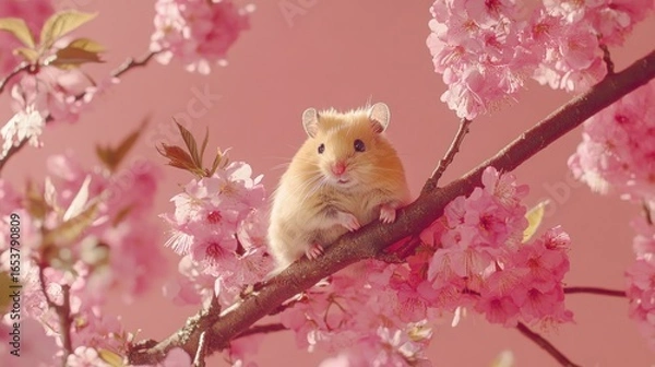 Fototapeta Golden hamster on cherry blossom branch, spring scene, pink background, possible use pet adoption promotion