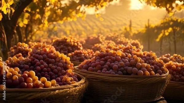 Fototapeta Golden hour harvest of red grapes in wicker baskets in vineyard