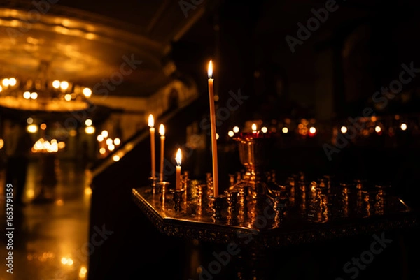 Fototapeta burning candles in the temple, wax candles lit against background of a cross with a crucifix, the concept of christian religion, prayers for the salvation of the soul, soft focus