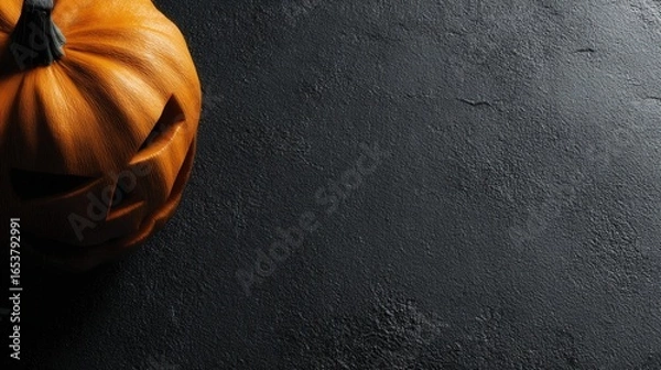 Obraz Minimal Halloween background, halloween pumpkin placed at far left on black background with copyspace