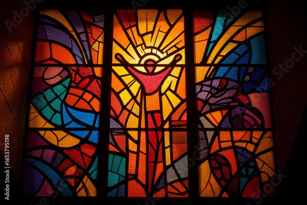 Fototapeta Vibrant stained glass window art of a person rising from darkness into light, filled with colorful patterns, spiritual symbolism, and inspiring shapes of growth, hope,glass art