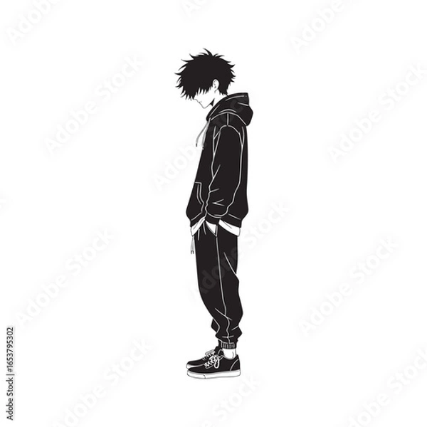 Fototapeta Vector art of a silhouette of a young person with curly hair, wearing a hoodie and sweatpants, standing with head down isolated on a