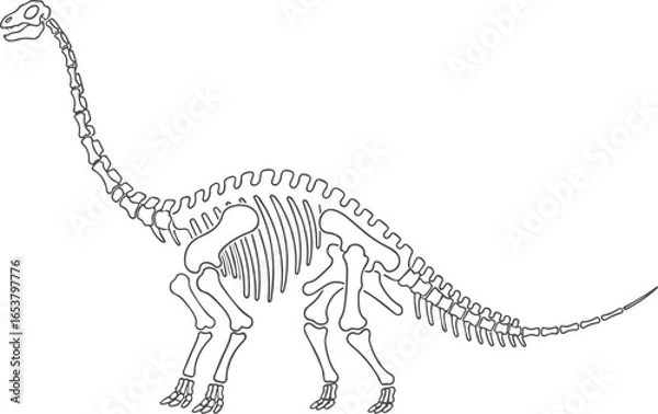 Fototapeta Vector art of skeleton of a longnecked dinosaur, possibly a brontosaurus or apatosaurus, with human figures integrated into its bone structure
