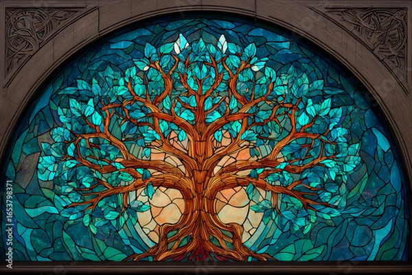 Fototapeta Stained glass artwork of a tree of life with sprawling branches and deep roots, symbolizing mental balance, inner strength, growth, wellness, and spiritual connection through vibrant colorful stained 