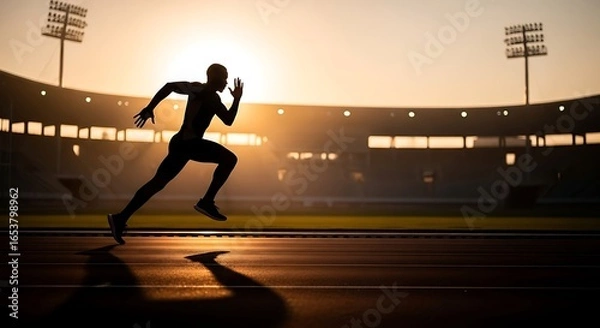 Obraz Dynamic sprinter races towards victory on track at golden hour stadium, capturing peak athletic performance and triumph.