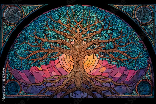 Fototapeta Stained glass artwork of a tree of life with sprawling branches and deep roots, symbolizing mental balance, inner strength, growth, wellness, and spiritual connection