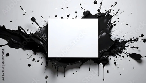Fototapeta Black Ink Splatter Surrounding A White Square On A Light Grey Background