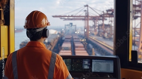 Fototapeta Harbor worker operating controls, container ship loading, cranes in background
