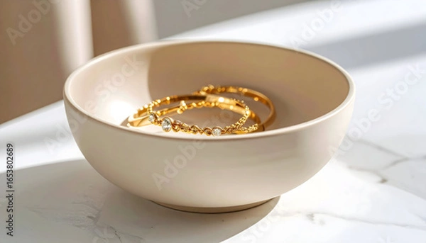 Fototapeta Gold Bracelets Resting In Beige Bowl On White Marble Table Top Under Soft Sunlight