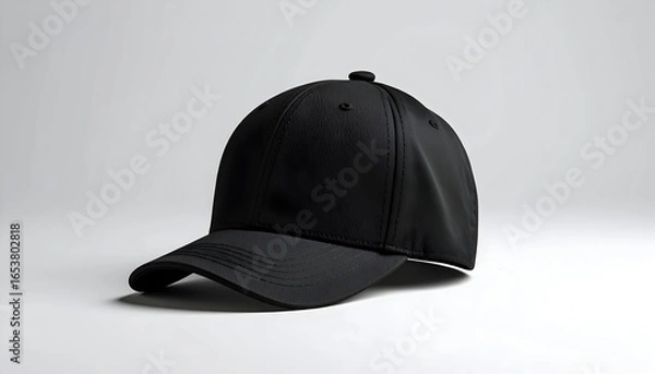 Fototapeta Black Baseball Cap Isolated on White Background with Detailed Stitching and Textured Surface