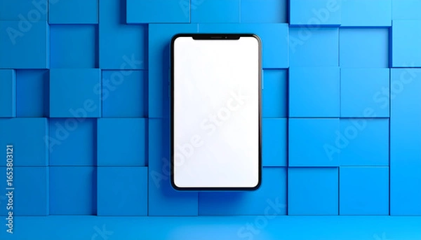 Fototapeta Smartphone with Blank Screen on Abstract Blue Background of Cubes with Shadow Lighting