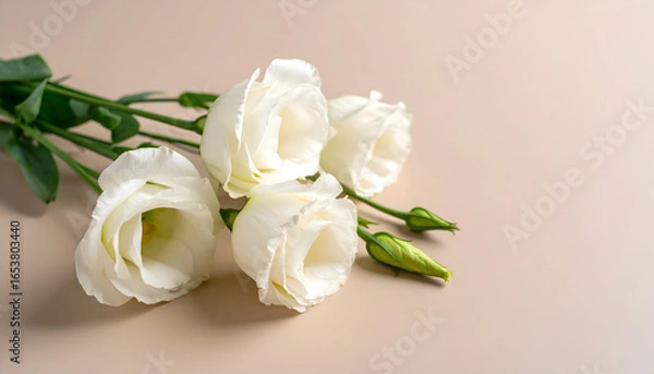 Fototapeta White Flowers Arranged on a Beige Surface with Green Stems and Petal Focus Soft Lighting