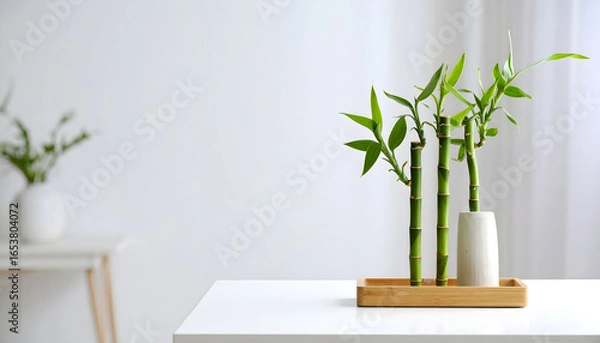 Fototapeta Close Up Bamboo Plant Displayed On White Table Against White Wall With Wooden Tray And Blurred Background