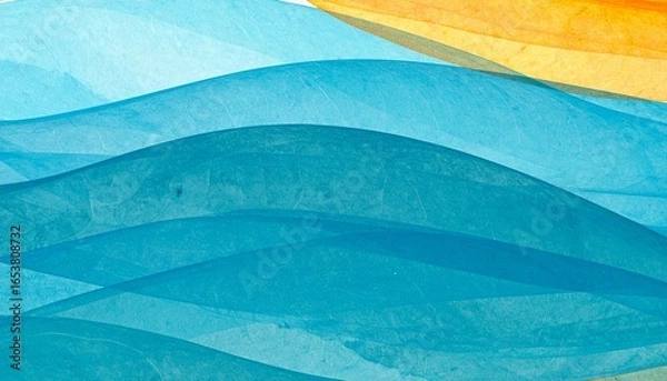 Obraz Abstract watercolor waves in serene blue and aqua with a warm orange gradient, fluid modern background design evoking calm nature.