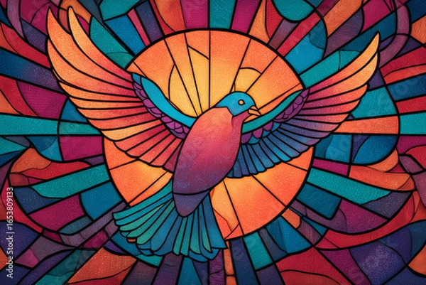 Fototapeta Colorful stained glass artwork of a dove in graceful bird surrounded by radiant geometric shapes, symbolizing peace, freedom, mental clarity, harmony, hope