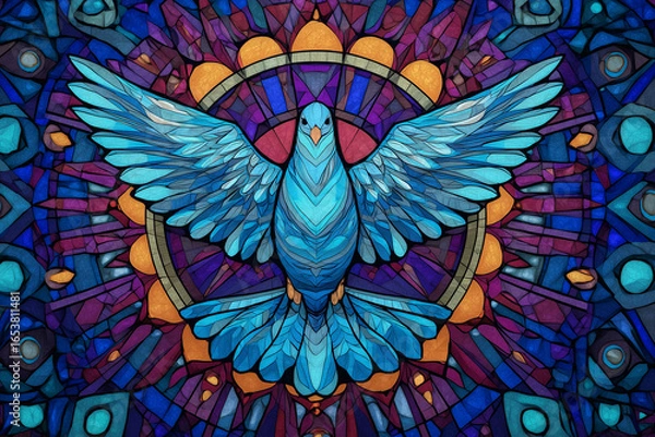 Fototapeta Colorful stained glass artwork of a dove in graceful bird surrounded by radiant geometric shapes, symbolizing peace, freedom, mental clarity, harmony