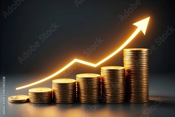 Fototapeta Golden coins stacked in ascending order with a glowing upward trend arrow