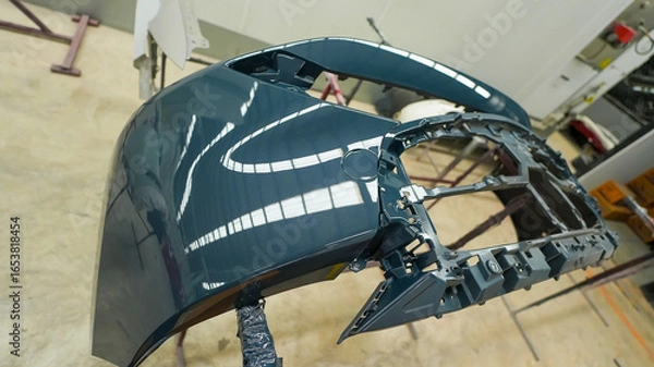 Fototapeta damaged car side skirt undergoing repaint after a heavy collision in an auto body workshop. Insurance repair process showing restoration, sanding, and painting to return the vehicle to its original