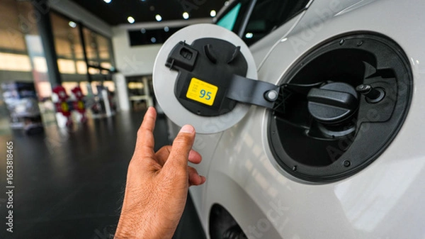Fototapeta man’s hand inspecting a car by opening the fuel cap during a quality check at an automotive service center. Professional maintenance and repair process ensuring vehicle safety and performance.