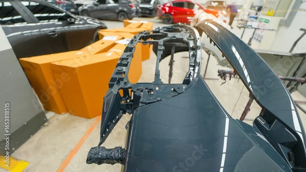Fototapeta damaged car side skirt undergoing repaint after a heavy collision in an auto body workshop. Insurance repair process showing restoration, sanding, and painting to return the vehicle to its original