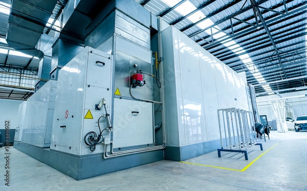 Fototapeta Modern car painting booth with advanced air filtration and technology, supporting insurance claims and repairs for high-quality, factory-standard finishing