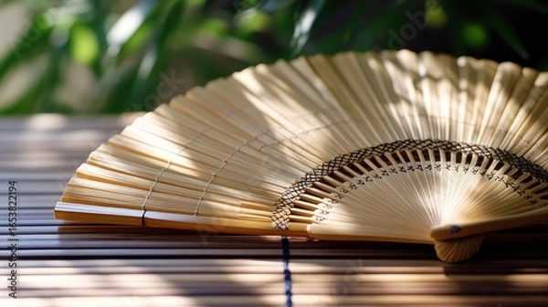 Fototapeta Light beige bamboo fan on a bamboo mat in a garden setting