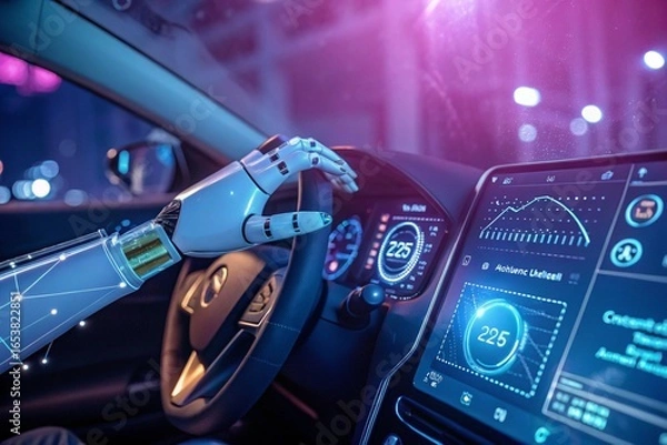 Fototapeta A robot is driving a car with a steering wheel